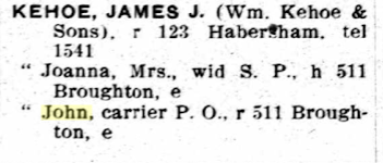 A directory from 1907 showing the Kehoe family living at 511 E Broughton