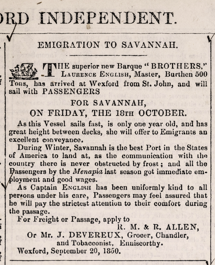 Advertisement in County Wexford for Immigration to Savannah
