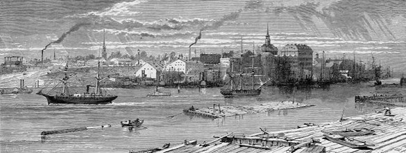 Woodcut of Savannah in the late 1800s with ships