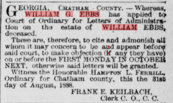 Newspaper Filing for Estate of William Ebbs