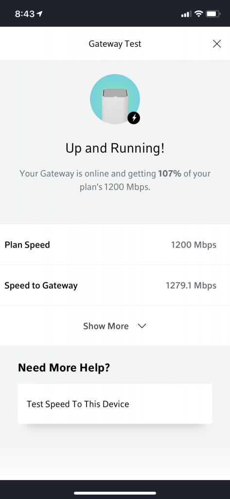 A screenshot of the Xfinity app showing speeds of 1279 mbps. That's very fast internet!